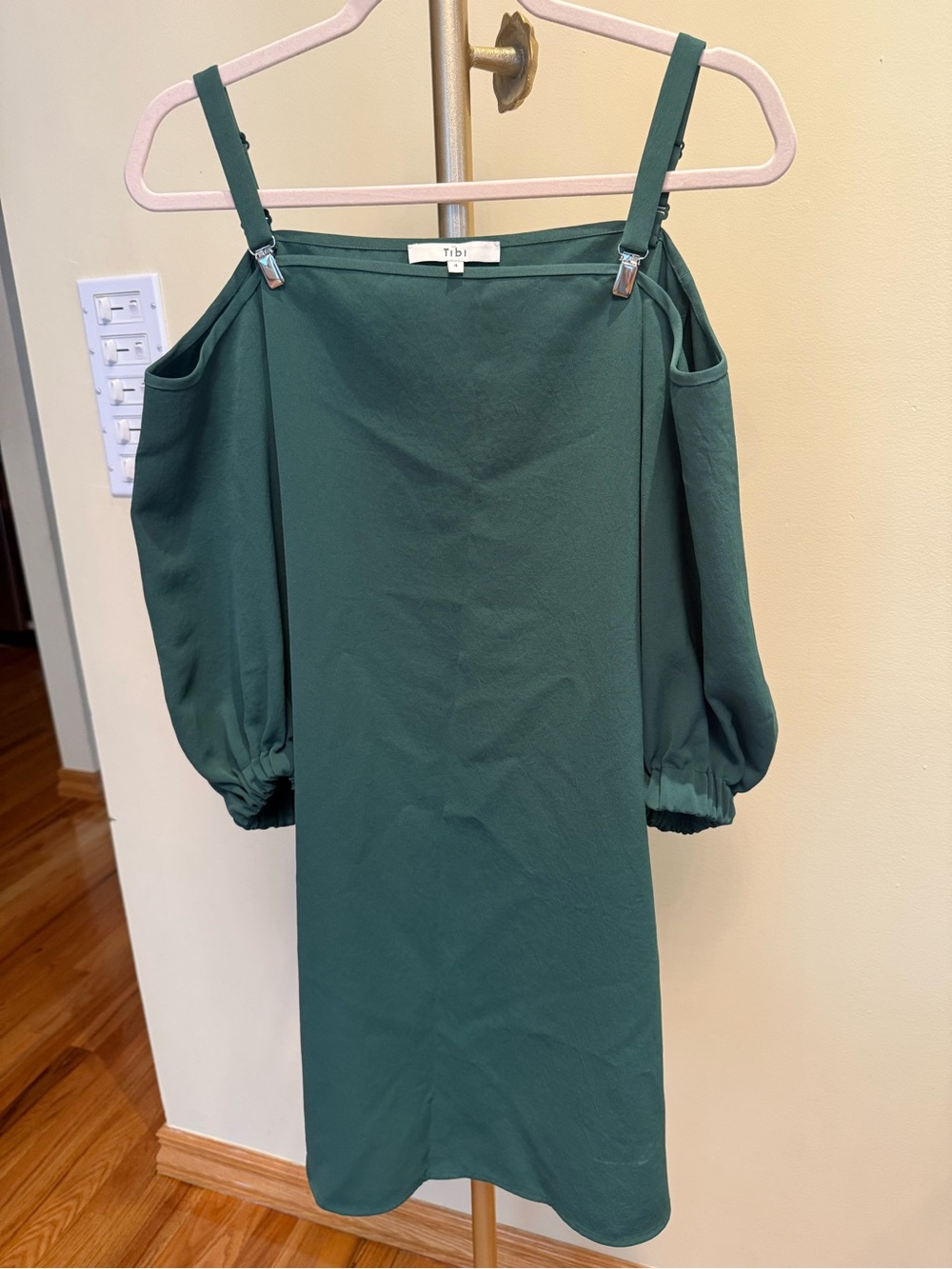 Tibi Deep Green One-Shoulder Puff Sleeve Dress
